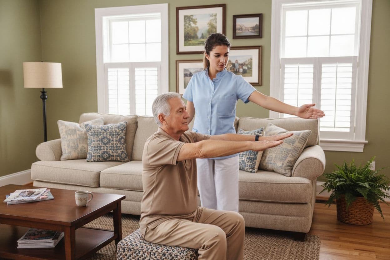 Professional home health care services: A skilled caregiver supports an elderly man in his physical exercise program